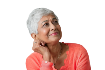 Elderly Indian woman looking up, thinking, and feeling hopeful with an idea.