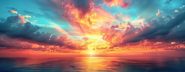 A breathtaking sunset over the ocean, with vibrant colors and rays of light piercing through fluffy clouds. 