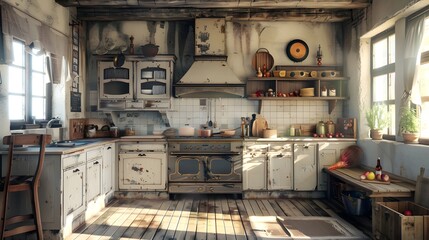 A rustic and sunlit vintage kitchen with weathered cabinets and an old stove exudes a charming antique vibe 