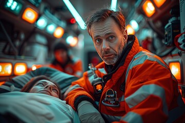 Fototapeta premium Emergency Medical Services: Paramedic in Ambulance
