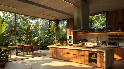 Fototapeta premium Modern kitchen interior design with wooden finishes overlooking a lush tropical garden 