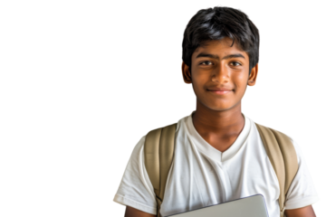 Smiling young Indian student with a laptop and backpack.