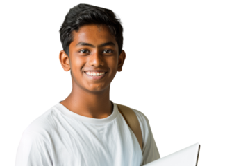 Smiling young Indian student with a laptop and backpack.