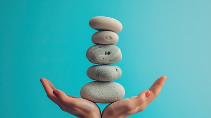 A pair of hands balancing a stack of five smooth stones against a blue background.
