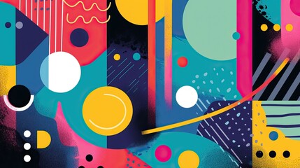 Obraz premium A vibrant abstract geometric pattern with various shapes and colors, including circles, lines, and dots in shades of blue, yellow, pink, and black.
