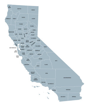 California state counties, gray political map. U.S. state of California subdivided into 58 counties, with San Bernardino County as largest and Los Angeles County as most populous in the United States.