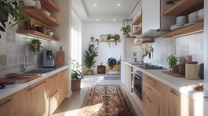 Bright and modern kitchen interior with wooden finishes and green plants enhancing the cozy atmosphere 