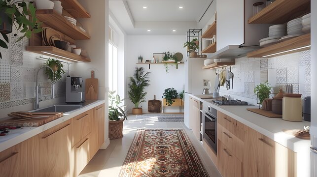 Bright and modern kitchen interior with wooden finishes and green plants enhancing the cozy atmosphere 
