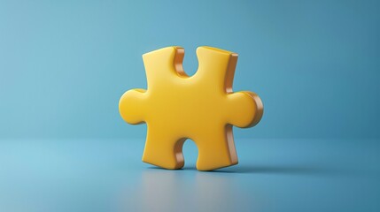 Obraz premium A single yellow puzzle piece standing against a blue background, symbolizing solutions, teamwork, and completion. 3D Illustration.