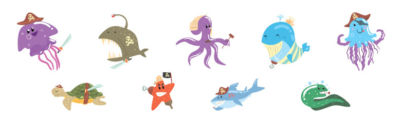 Pirate Sea Animals in Corsair Hats Swim in Ocean Vector Set