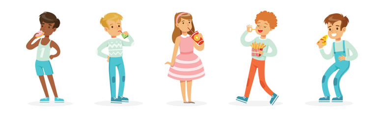 Little Boy and Girl Eat Fast Food Snack and Drink Vector Set