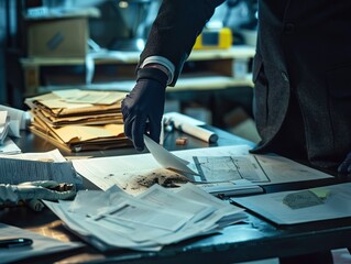A detective is meticulously examining evidence and documents at a crime scene, focusing on solving the case and bringing justice to the victim through diligent investigation.