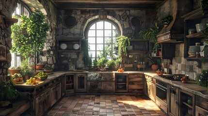 A rustic kitchen interior bathed in natural light with a variety of plants and vegetables on wooden counters. 