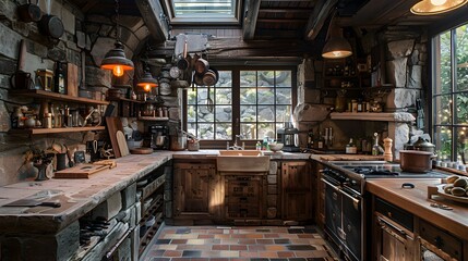 A rustic and cozy kitchen with stone walls, wooden beams, and vintage cookware exudes a warm, homely atmosphere 