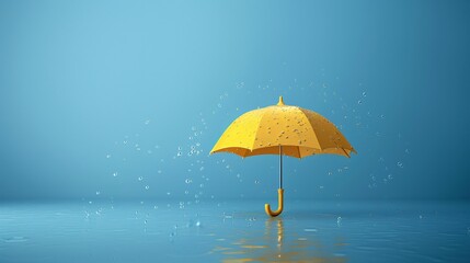 Bright yellow umbrella standing on water with droplets against a blue background, symbolizing rain protection and weather resilience. 3D Illustration.