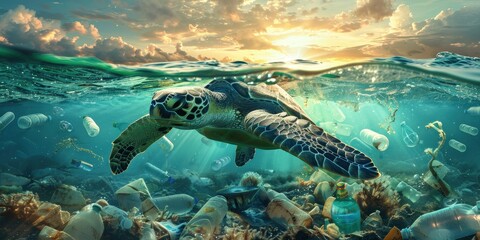 Fototapeta premium Sea Turtle Swimming Through Plastic Pollution