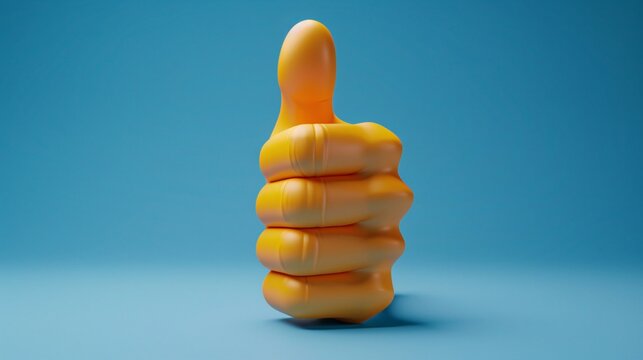 Bright yellow thumbs up sculpture against a blue background, representing positivity, approval, and affirmation in a vibrant, playful style. 3D Illustration.