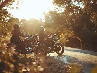 Group of motorcyclists socializing and creating a friendly atmosphere during a trip. They are sitting in a circle, laughing and enjoying each other's company.