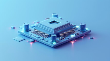 Close-up of a futuristic microchip on a circuit board with glowing lights, representing advanced technology and innovation in electronics. 3D Illustration.