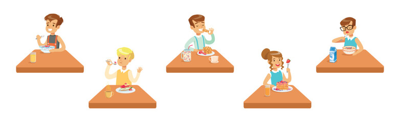 Little Kids Sit at Table Eat Breakfast Meal Vector Set