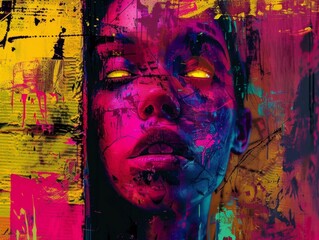 Surreal Distorted Portrait with Vibrant Neon Colors and Intense Contrast in Gritty Urban Alleyway