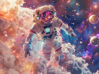 Fototapeta premium Surreal Cosmic Astronaut Floating in Vibrant Holographic Dreamscape