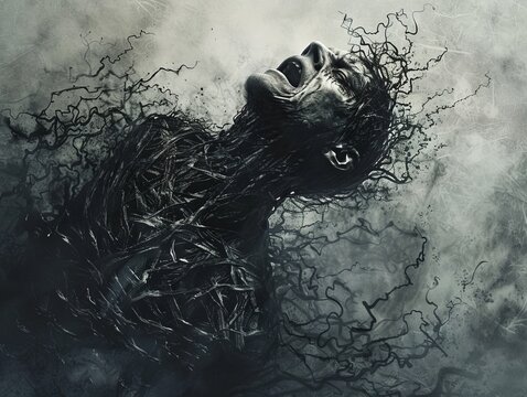 Tormented Nightmare   Twisted Human Figure in Paralyzed Anguish Amid Surreal Desolate Landscape