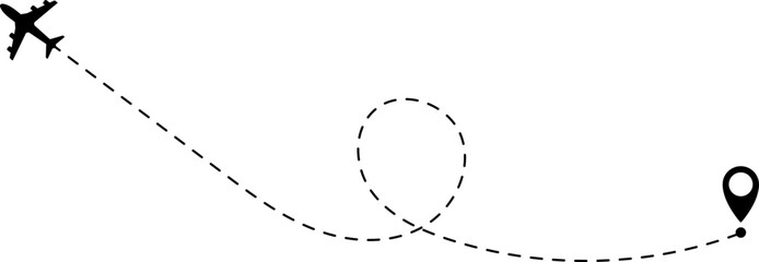 Air plane flight route with start and end point and dash line trace - Airplane line path vector icon