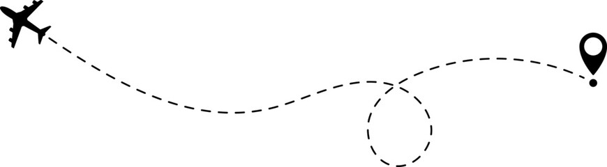 Air plane flight route with start and end point and dash line trace - Airplane line path vector icon