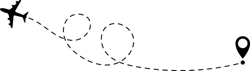 Air plane flight route with start and end point and dash line trace - Airplane line path vector icon