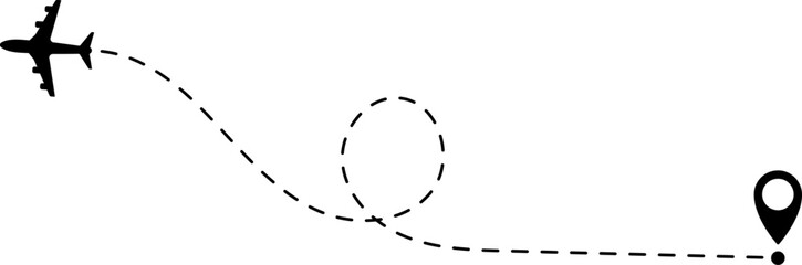 Air plane flight route with start and end point and dash line trace - Airplane line path vector icon