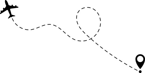 Air plane flight route with start and end point and dash line trace - Airplane line path vector icon