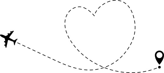 Air plane flight route with start and end point and dash line trace - Airplane line path vector icon