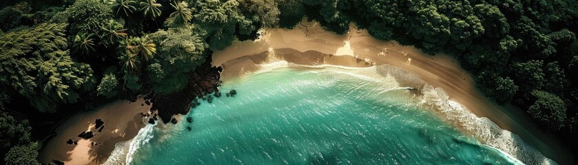 Aerial view of a secluded tropical beach with clear turquoise water, lush green forest, and pristine sandy shore.