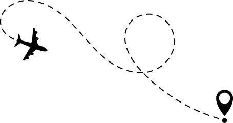 Air plane flight route with start and end point and dash line trace - Airplane line path vector icon