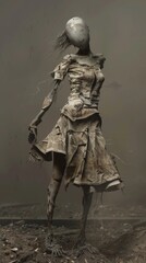 Fototapeta premium Distorted and Tattered Surreal Dress Amid Dystopian Landscape with Uncanny Anatomical Details