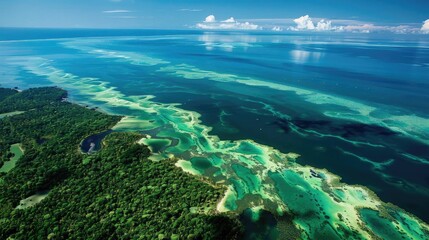 Stunning aerial view of a coastal landscape with turquoise waters, lush green forests, and vibrant coral reefs stretching into the horizon.