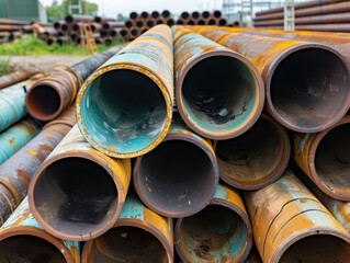 Pile of rusty metal pipes at an industrial site, showcasing weathered textures and construction materials. Suitable for industrial and construction themes.