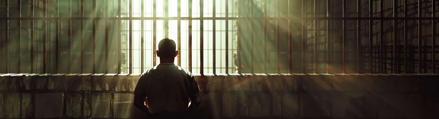 A modern bandit wearing a black balaclava and striped prison uniform is standing in a prison cell, looking out of the bars with a contemplative expression.