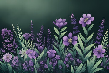 Naklejka premium watercolor illustration of purple, pink, magenta, and red flowers with green leaves set against a dark green background. This botanical art concept beautifully captures the vibrant colors.