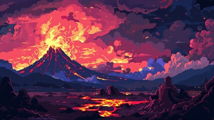 Pixel Art Volcanic Eruption - 8bit pixel art background