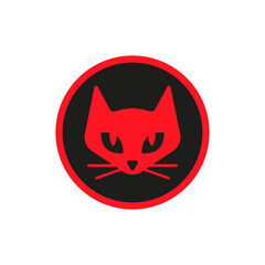 Red cat logo. The head of a cat in a black round frame. Isolated vector illustration. Front view.