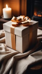 A beautifully wrapped beige gift box with a satin ribbon, perfect for any special occasion.