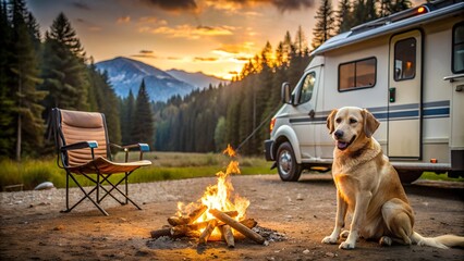 dog at campground with rv truck and campfire