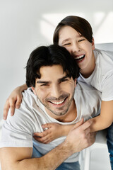 Obraz premium A father joyfully carrying his son on his back.