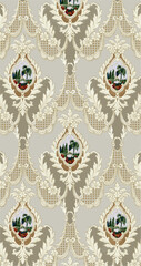 A pattern of landscape vignettes within an ornate framework of stylized foliage and geometric latticework, evocative of late 19th-century design.