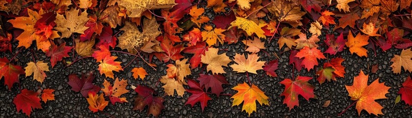 Colorful autumn leaves scattered on the dark ground, representing the beauty of fall foliage with vibrant red, orange, and yellow hues.