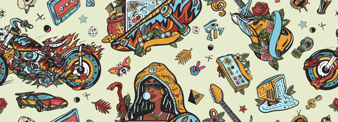 Obraz premium Street lifestyle. Geek art. Old school tattoo seamless pattern. Hacker woman, old computer, joystick, motorcycles and electric guitars, joystick. Symbol of modern culture