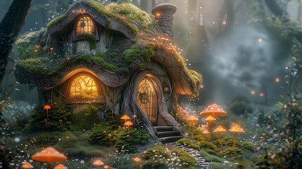 Fototapeta premium A whimsical fairy-tale cottage with a curved roof, moss-covered walls, and surrounded by glowing mushrooms