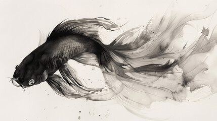Fototapeta premium Crown tail fighting fish rendered in a Japanese ink wash style, with flowing